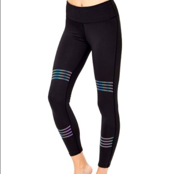 BCBGMaxAriza Black‎ Rainbow-Accent Active Workout Gym Running Leggings NEW NWT - Picture 2 of 8